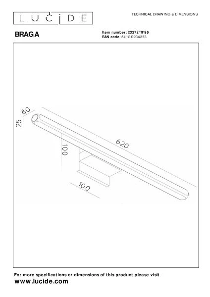 Lucide Premium BRAGA - Applique murale Intérieur/Extérieur - LED - 1x10W 2700K - IP54 - Café - technique